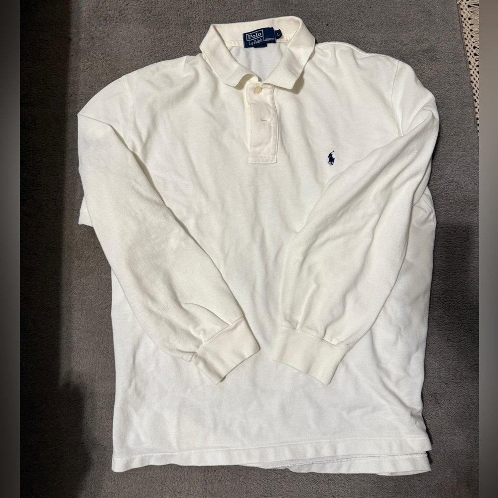 Polo Ralph Lauren Cream Long Sleeve Polo Shirt Size L Navy Pony Classic Fit